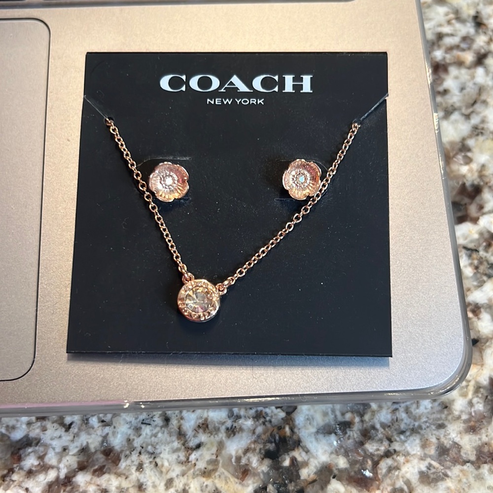 Coach necklace and earrings. Rose Gold